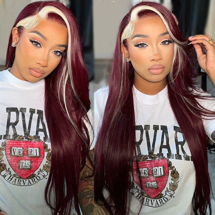 Skunk Strip Burgundy & 613 Honey Blonde Color Straight Lace Front Wig |  BGMGirl BGMgirl
